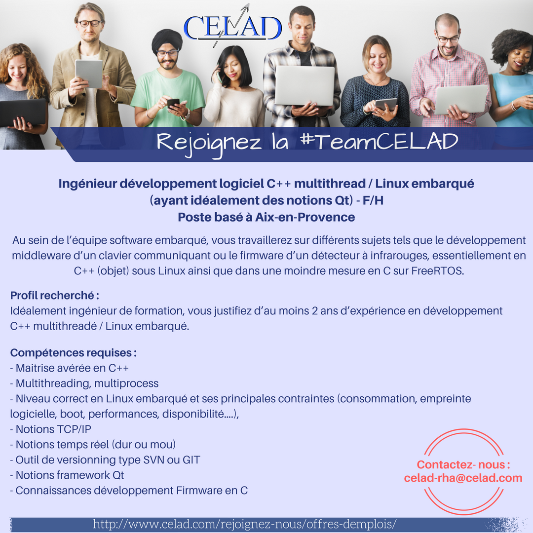 Ines_Berga's tweet photo. 📢[CELAD recrute !] La #TeamCELAD Aixoise recherche un(e) ingénieur en dvlppt logiciel C++ multithread / Linux embarqué - poste à pourvoir sur Aix-en-Provence ! 📍Envoyez nous votre candidature : celad-rha@celad.com https://t.co/h2n4eGb5mo