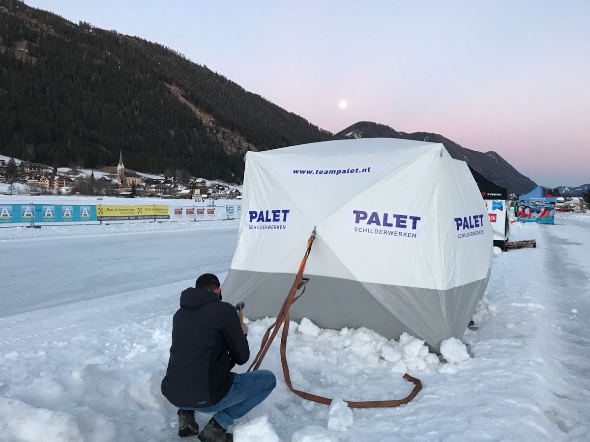 Verzorgerstent staat, morgen 7.30u start voor de Alternatieve Elfsteden #Weissensee #200km #aew18 #teampaletnl live te volgen op weissensee.nl en schaatsen.nl/marathon