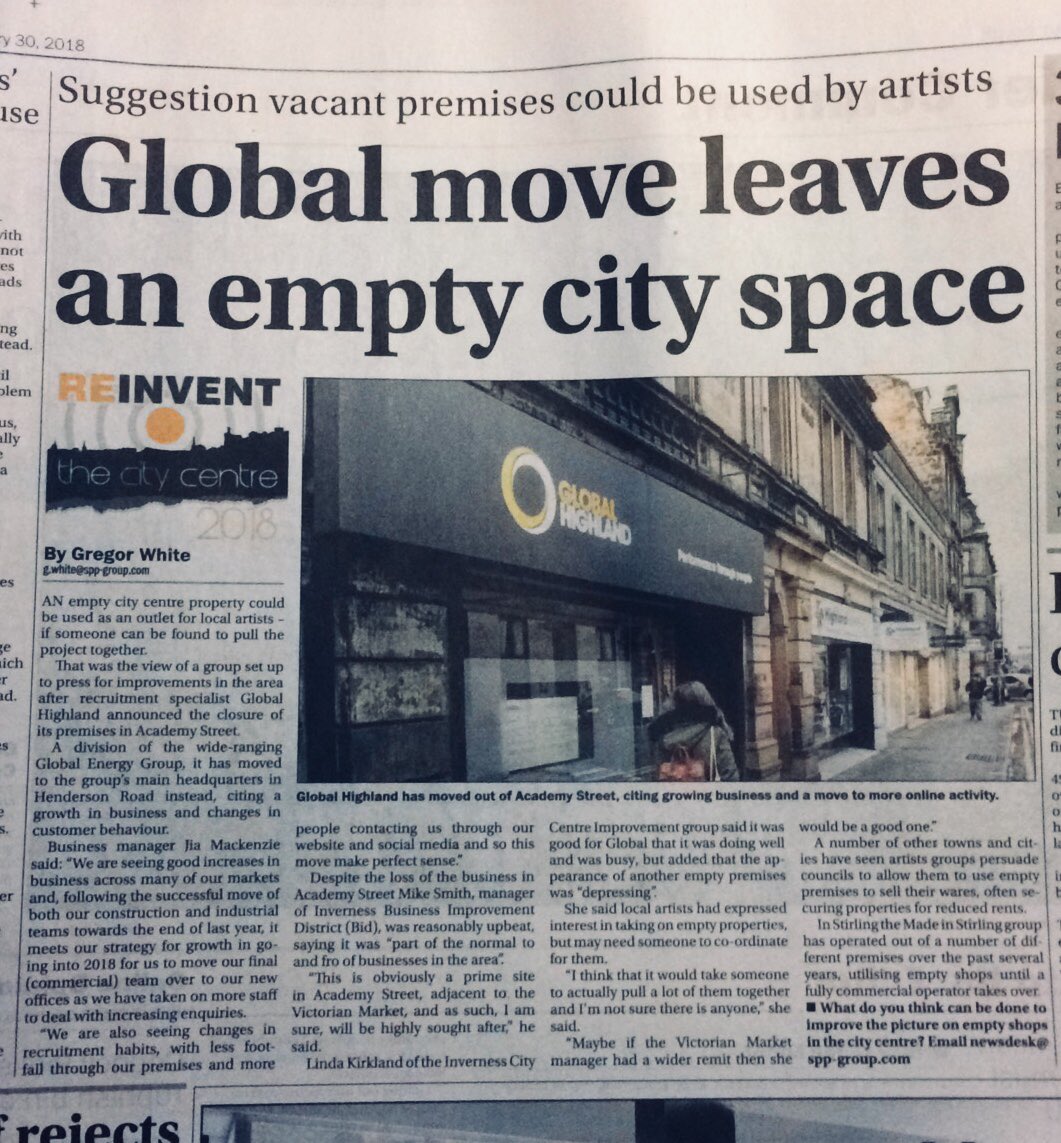 Suggestion from <a href="/ICCI_2017/">Inverness CCI</a> that vacant premises could be used by artists as Global move leaves an empty city space. In today’s <a href="/InvCourier/">Inverness Courier</a>.

<a href="/InvernessBID/">Inverness BID</a> <a href="/HighlandCouncil/">The Highland Council</a>