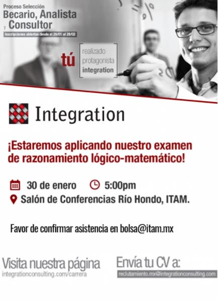 ITAM_mx's tweet image. *HOY* #BolsaITAM te invita a la presentación y examen de #IntegrationConsulting.
Confirma tu asistencia al correo: bolsa@itam.mx
¡No te la pierdas!
ow.ly/ew3B30i5IDo
