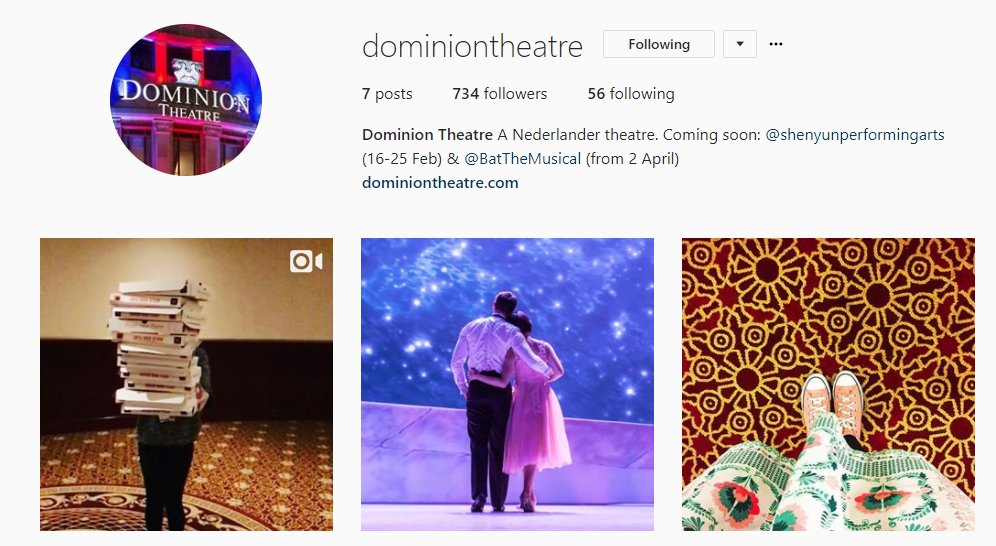 A screenshot of the Dominion Theatre's Instagram account