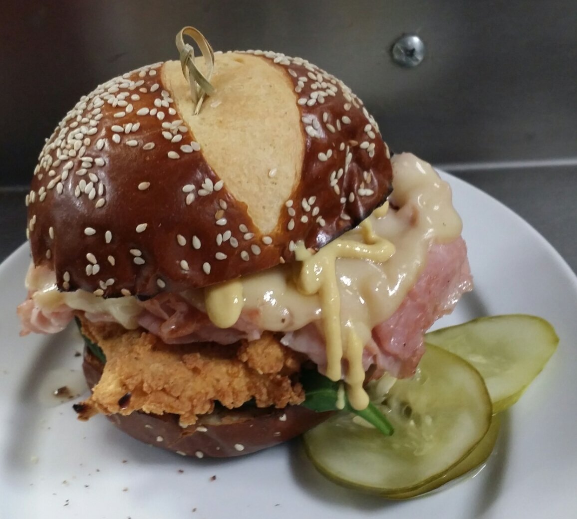 Crispy Chicken, Ham &amp; Swiss with Dijon on a Preztel Bun! It's what's for Special. Come &amp; Get It!