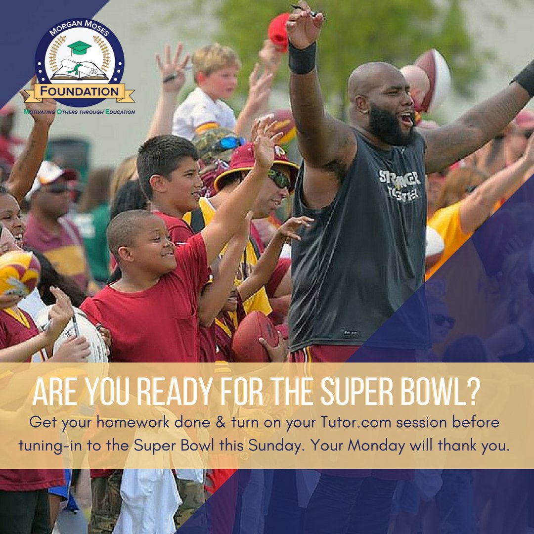 Moe_Foundation's tweet photo. Don’t miss your Monday due dates by spending too much time preparing for the #SuperBowl this Sunday. Turn on your @tutordotcom #HomeworkHelp session before you tune-in to the big game! 🏈#MorganMosesFoundation https://t.co/nmS5HldT14