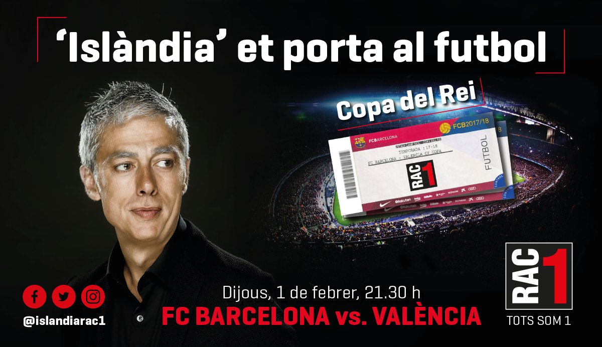 islandiarac1's tweet image. SORTEIG! Podeu guanyar dues entrades a tribuna pel Barça-València d'aquest dijous. Ho podeu fer a través de Twitter i de Facebook. Només ens heu de seguir i compartir la publicació que hem fet del sorteig. Si ho feu per les 2 xarxes socials, tindreu 2 oportunitats de guanyar-les.