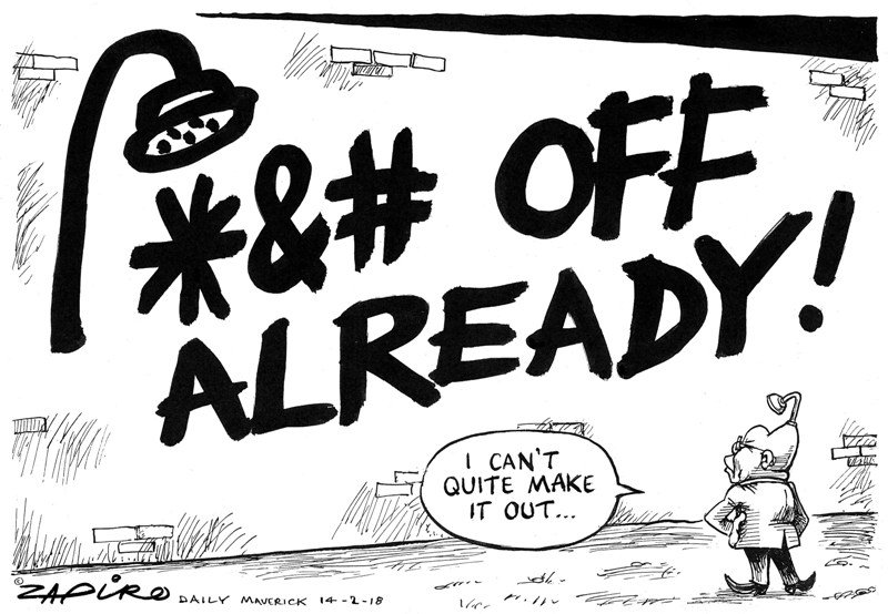 zapiro's tweet image. Zapiro's cartoon @dailymaverick (14 February 2018) on what writing? what wall? @SAPresident #ZumaMustGo - bit.ly/180214dm