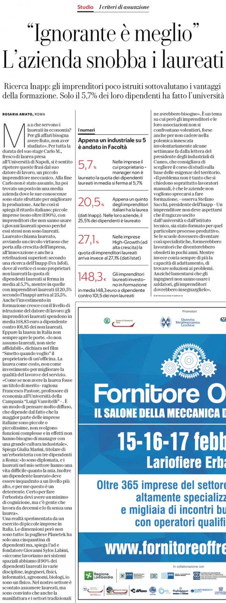 mariarita_mac's tweet photo. Secondo #Irapp solo 1 industriale su 5 è #laureato Perchè le #aziende sottovalutano i vantaggi della #formazione e non credono nei laureati? Urge un cambio di rotta, culturale #MurgiaValley @repubblica #Innovation https://t.co/Y05zsgALtn