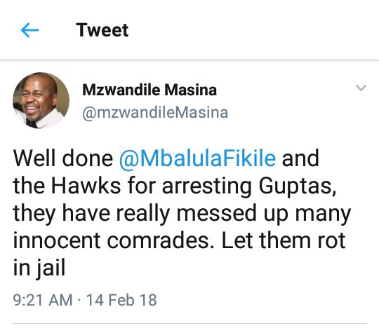 BraHlonisky's tweet image. Mzwandile Masina who said he would resign if #Ramaphosa became ANC President has gone through helluva Damascus moment.
He said Ramaphosa will sell SA🇿🇦 to White Monopoly Capital. 8 weeks later, he&apos;s glad Guptas are being arrested. #Hawks #StateCapture #MattersOfTheStomach