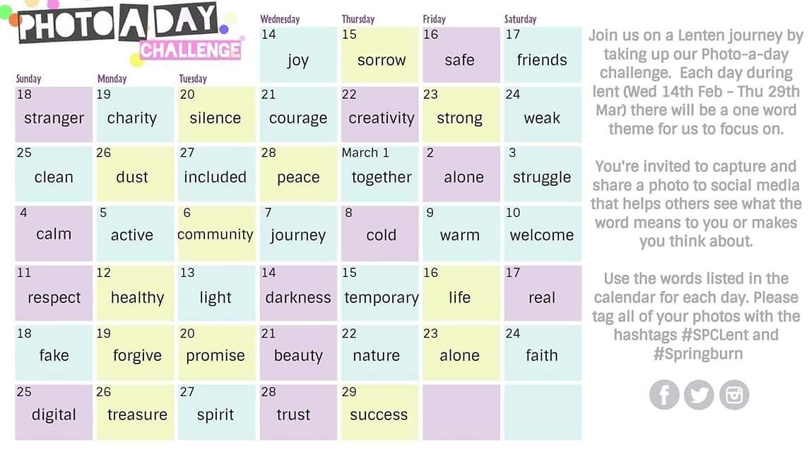 Usually the tradition at #Lent is to give something up. This year we are inviting you to take up a photo-a-day challenge. Use the words listed in the calendar and upload to social media platforms using hashtags #SPCLent and #Springburn