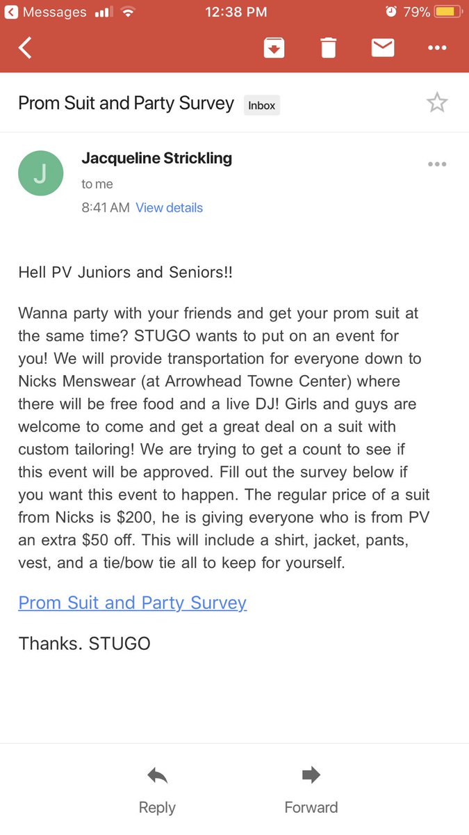 amvr_5's tweet photo. hey juniors and seniors!!! check your email ASAP if you’re planning on getting a suit/tux for prom this year, or if you just want a cool deal on a suit in general! please answer this yes or no survey. it’d be much appreciated ❤️🖤❤️ https://t.co/yqW81aclVL