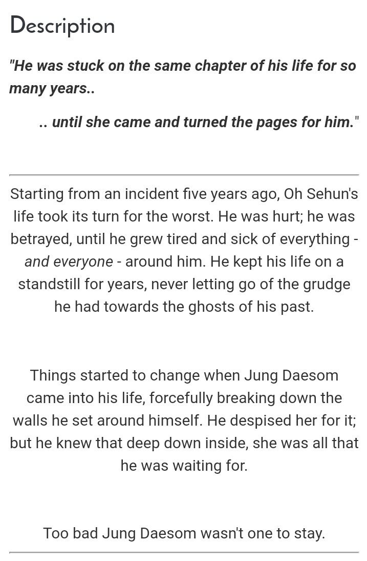 Turning pageCompletedAngstSehun x OCBeautiful story that i can say that  https://www.asianfanfics.com/story/view/635923/turning-page-angst-drama-romance-originalcharacter-exo-sehun