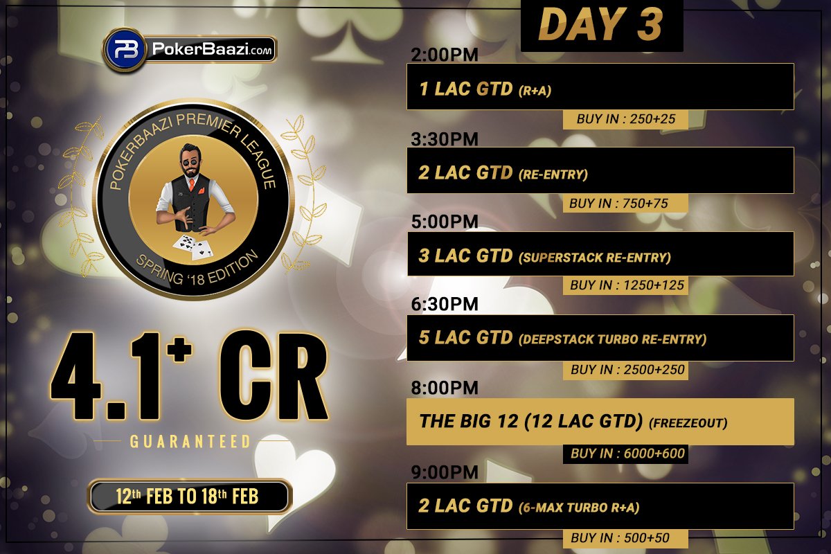 PokerBaazi's tweet photo. After crushing all the GTDs on the first 2 days, Day 3 is expecting even more fireworks from the #Baazigars! Check out the schedule & prizes on https://t.co/mSbWrcP865
#TheBiggestOnlinePokerLeague #PokerTournaments #BestStructure #PPL #SpringEdition #BaazigarsPlayBig https://t.co/ZiU70WvVDH