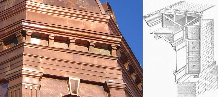 The durability, flexibility and strength of copper sheeting makes it the ideal material to use instead of stone for architectural details, such as cornices, flashing, brackets, friezes, cresting, spires etc.
