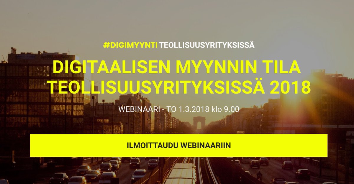 Teknologiateollisuuden yritykset vastaavat yli puolesta Suomen viennistä. Tutkimme, kuinka hyvin teollisuuden yritykset ovat varautuneet myynnin digitalisoitumiseen. Julkistamme tutkimustulokset #digimyynti webinaarissa torstaina 1.3.2018 klo 9-10.
 bit.ly/2HaDuPT