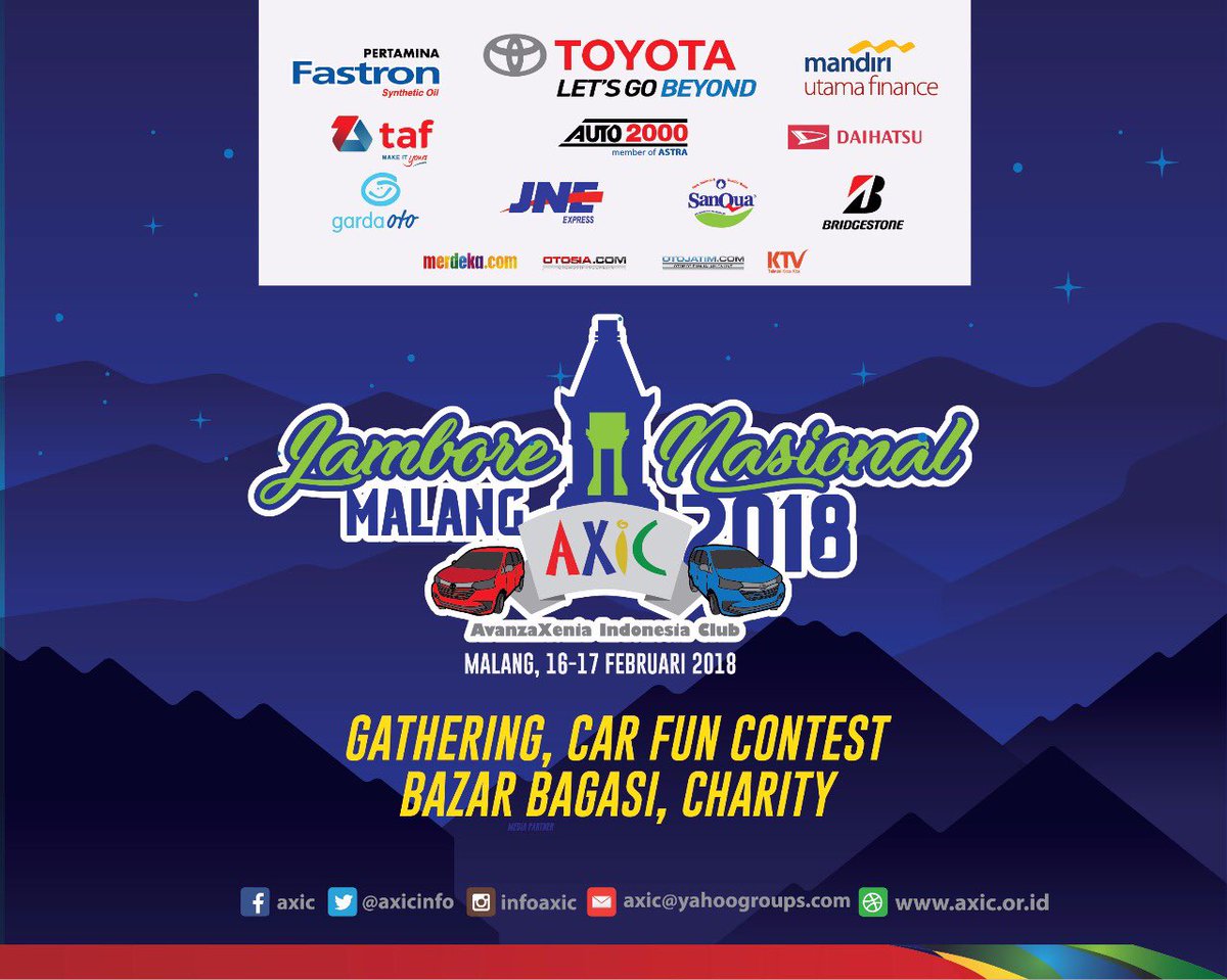 AXICinfo's tweet image. taklupa semua kegiatan #jamnasAXIC2018 didukung penuh oleh mitra2 axic 

#toyotaastramotor
#pertaminafastron
#MandiriUtamaFinance
#jneexpress
#auto2000
#toyotaautofinance
#daihatsuindonesia
#gardaoto
#bridgestoneindonesia
#sanqua
#merdekadotcom
#otoasiadotcom
#otojatim
#ktv
