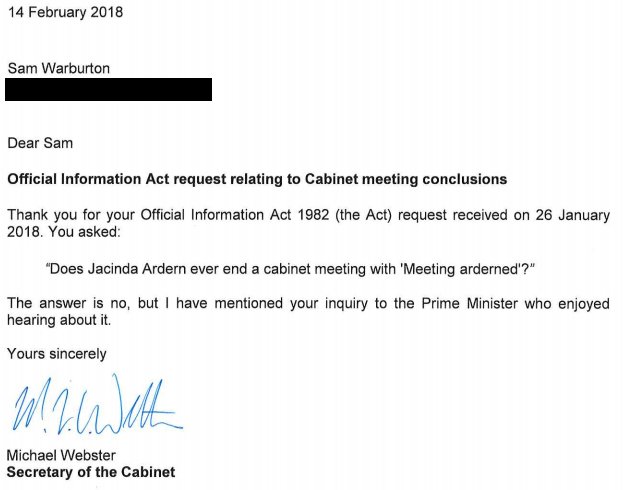 Economissive's tweet image. Here's the Government complying with the Official Information Act once, at least. #MeetingArderned
CC: @2dopeteenz @GeorgeTimg88