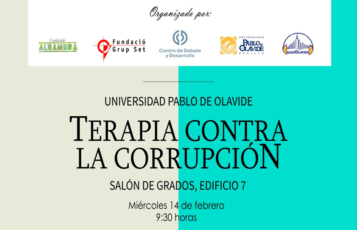 pablodeolavide's tweet photo. Buenos días, a las 9:30 horas comenzamos la #agendaUPO con las II Jornadas "Terapia contra la #Corrupción”. Será en la sala de grados del Edif.7 Podéis seguir esta actividad en streaming desde https://t.co/tCkQ4ZhJqP y a través de @RadiOlavide en el dial 90.6 FM https://t.co/0V70h90Gsq