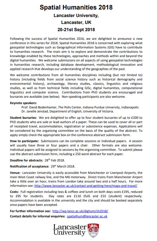 LancsDigHum's tweet image. Don't forget to send your abstracts in for this year's #spatialhumanities conference: 20-21 September @LancasterUni #digitalhumanities #DH wp.lancs.ac.uk/dighum/sh2018/