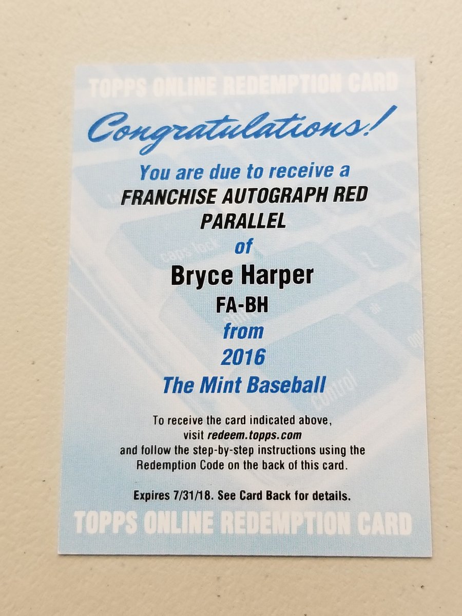 SCCTradingCards's tweet image. Don't usually show off redemptions, but you can't deny the awesomeness that is a 1/1 auto of @Bharper3407 out of 2016 @Topps The Mint Baseball! #1of1 #pullingfire