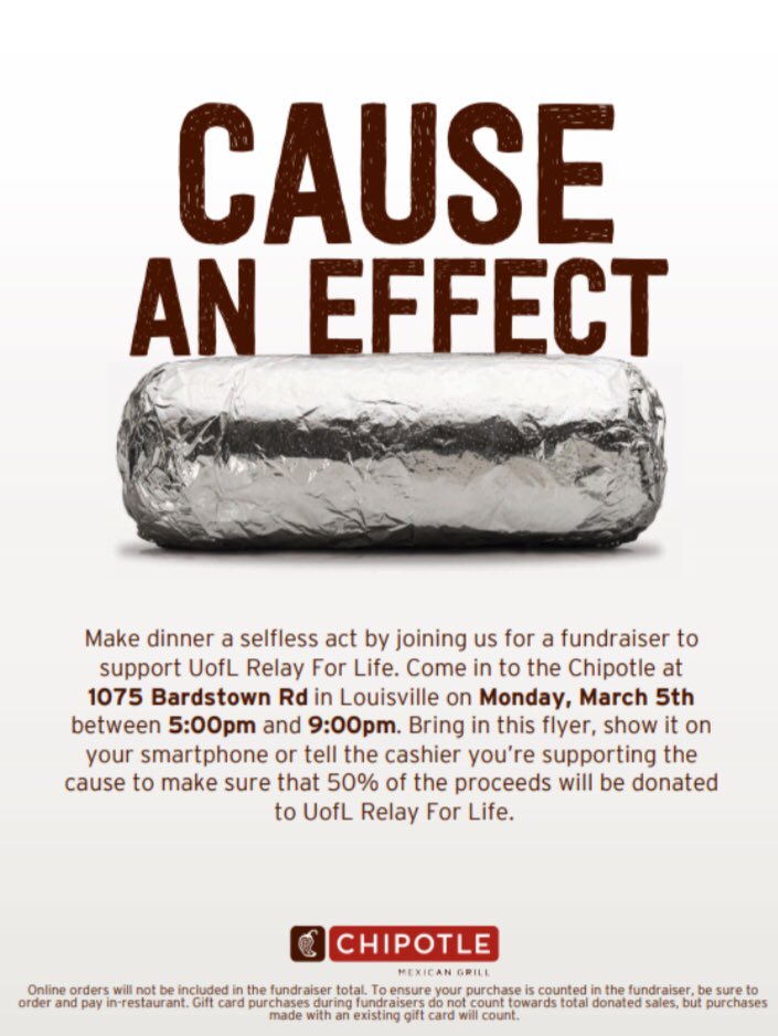 Come support UofL’s Relay for Life at Chipotle on March 5, from 5-9!