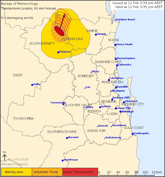 ABCemergency's tweet image. #Qld ⚡☁⚡ Severe #thunderstorms are also likely to bring DAMAGING WINDS to #Gympie, #Cherbourg, #Murgon, #Childers and #Biggenden in the Wide Bay and Burnett and Southeast Coast districts: bit.ly/2jOdxhf