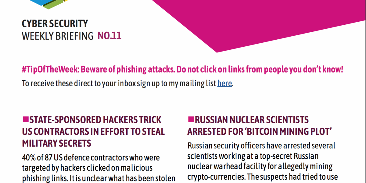 Weekly #Cybersecurity Briefing No.11 has been published! Read last week's news in cybersecurity today bit.ly/2BS3EHG