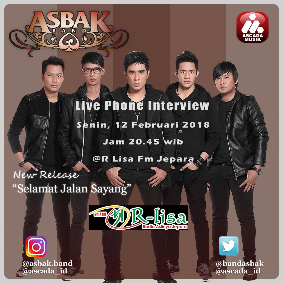 Halo Jepara, nanti malam di acara #CafeRlisa bakal ada Live Phone Interview w/ <a href="/BandAsbak/">AsbakBand INDONESIA</a> jam 20.45 WIB. Seperti apa keseruannya? Dengerin ya!  😊 cc <a href="/ASCADA_ID/">Ascada Musik IND</a>