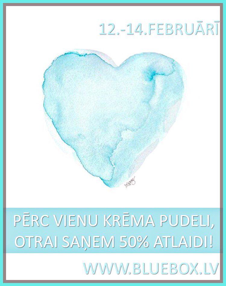 12. - 14. februārī PĒRC VIENU KRĒMA PUDELI, OTRAI SAŅEM 50% ATLAIDI!
*Atlaide lētākajai krēmu pudelei. Atlaide nesummējas ar citām atlaidēm un īpašajiem piedāvājumiem!