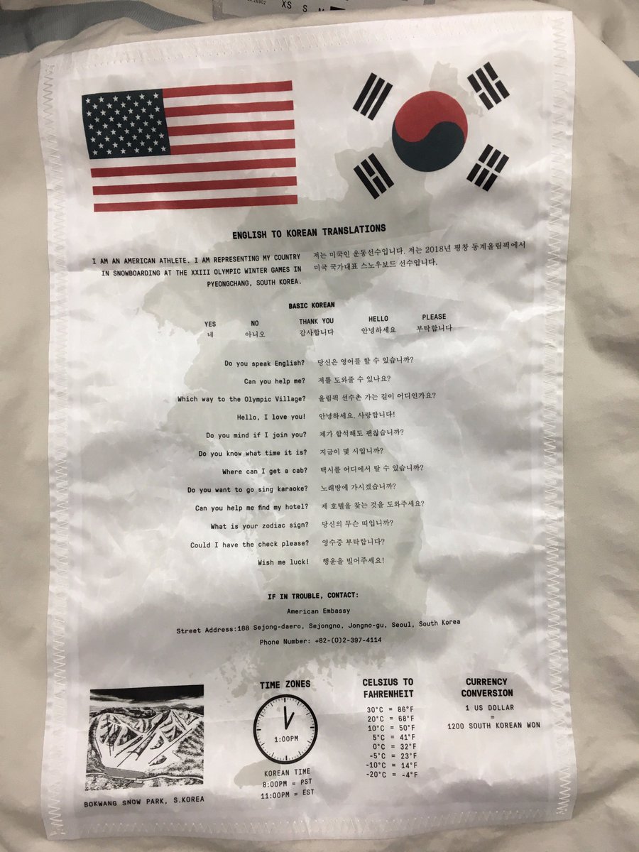 NBCOlympics's tweet photo. Fun fact: The US snowboarders have English-to-Korean translations on the inside of their jackets! https://t.co/ARoIGe6QEb