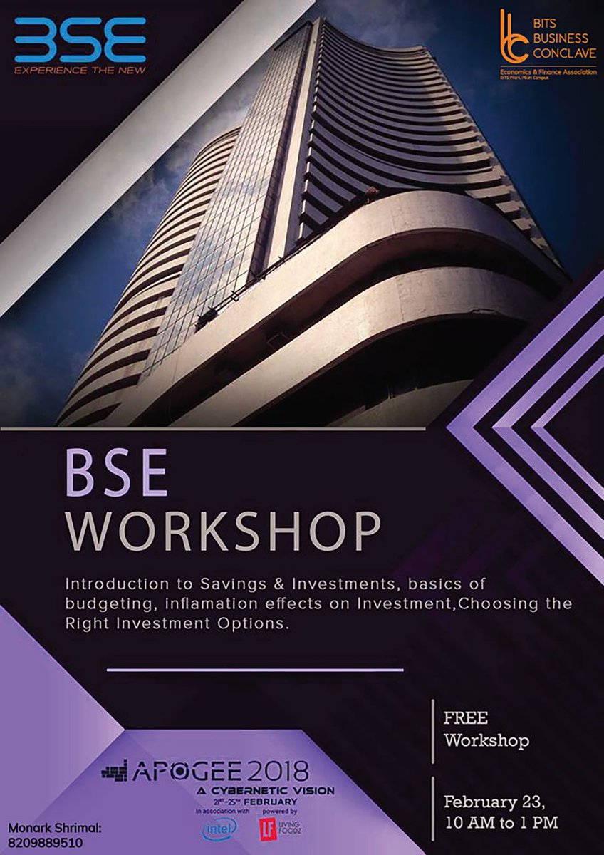 BITSBizConclave's tweet photo. Proudly announcing the collaboration of #BITSBusinessConclave2018 with @BSEIndia for a workshop on "Investor Awareness"..at India's renowned Tech Fest APOGEE @BITS_Pilani https://t.co/eS8JQEUwoX