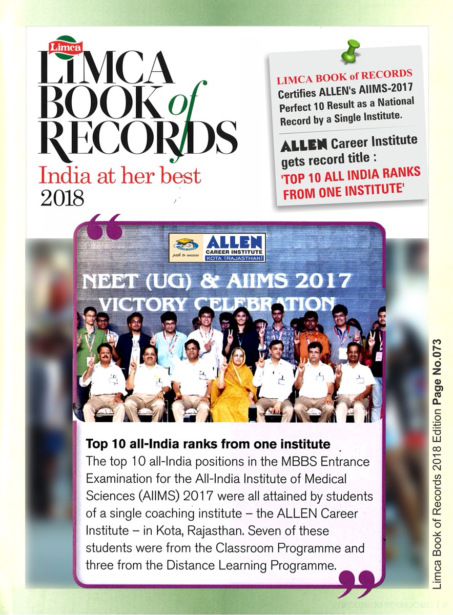 BMSirOfficial's tweet photo. #LimcaBookofRecords crowned a National Record to Allen Career Institute, a single Coaching Institute to attain #AIIMS-2017 top 10 all-India Ranks. @ALLENkota #ALLENInLimcaBook #ALLENkota #KotaCoaching #KotaCity #KotaInRecordBook @SmartCityKota https://t.co/8NFgdmKGG2