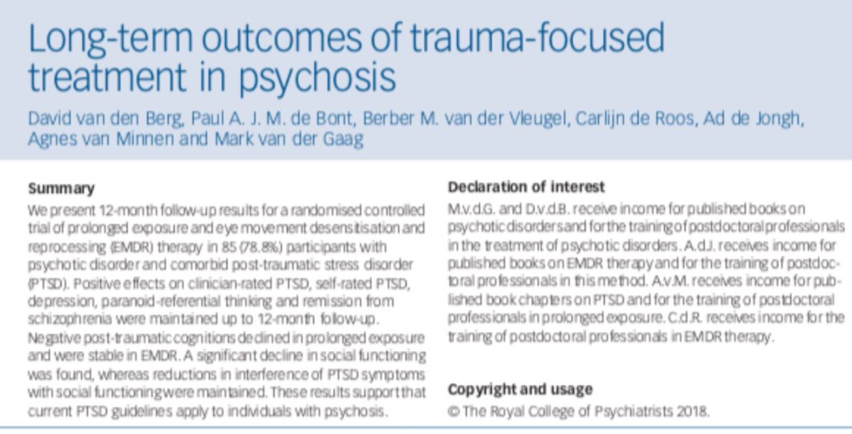 Lange termijnuitkomsten van 8 zittingen EMDR of exposure bij mensen met PTSS en psychose zijn verbluffend goed. Zeker als men bedenkt dat men al meer dan 20 jaar was behandeld, 60% seksueel was misbruikt, en dat bij slechts 2% PTSS was vastgesteld. cambridge.org/core/journals/…