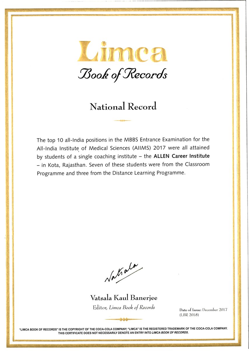RMsirOfficial's tweet photo. #EducationalCity #Kota's Records of ✪10 Out of 10 Ranks (A Perfect 10 by ALLEN) in #AIIMS2017 ✪ Recognizes as a National Record in #LIMCABOOKofRecords. Proud Moment for Every #Kotaite. #ALLENInLimcaBook #AIIMS2017 #ALLENKota #KotaCoaching #KotaInstitute #aiims https://t.co/91mztj3cFy