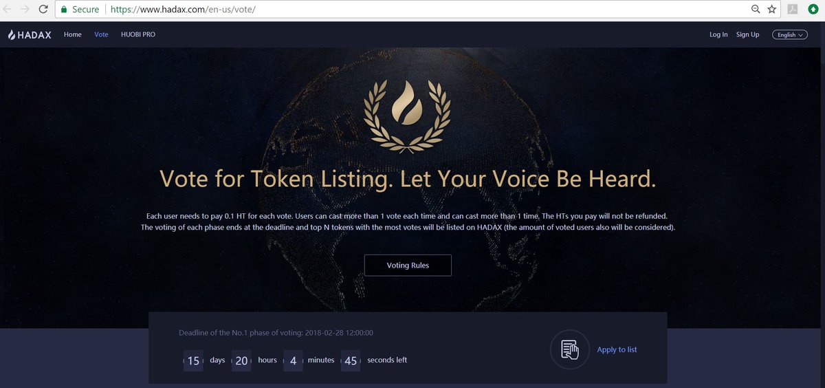 HTX_Global's tweet photo. #HADAX “Voting for Token Listing” Is Enabled! Visit https://t.co/szXa1yxXl2 to #cast your #votes. 
As of 16:00(GMT+8), the #top 3 token listing are
1. #YCC (#YuanChain)
2. #MDT(#Measurable Data Token)
3. #AAC(Acute Angle Cloud)
Deadline for No.1 phase of voting: 28Feb 2018, 12:00 https://t.co/MkExuUJ68J