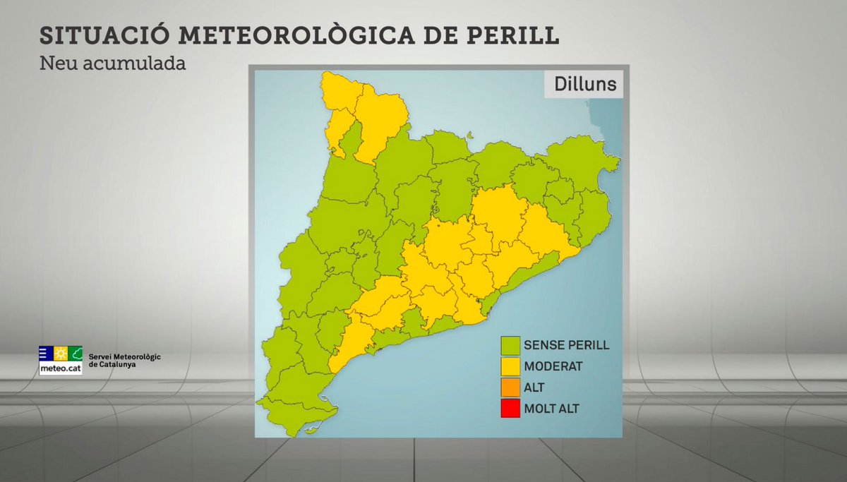 gencat's tweet photo. Situació meteorològica de perill per #neu acumulada. Previsió de possibles #nevades que poden afectar punts del litoral i prelitoral de Girona, Barcelona i Tarragona i Catalunya Central.
#Prealerta #neucat #ProteccioCivil @meteocat https://t.co/PuwxS6P9m6
