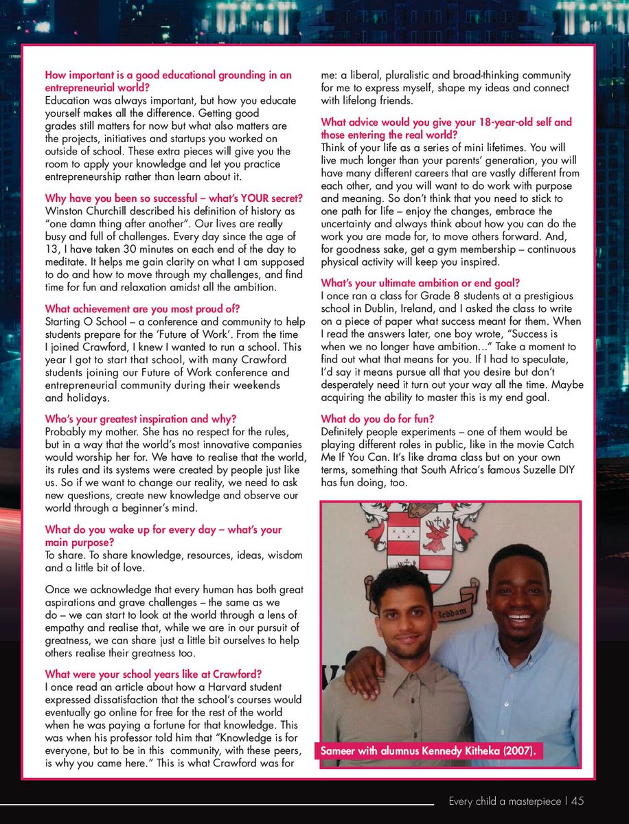 We celebrate a constellation of stars who not only achieved at school but went on to make a difference in the world; Sameer Rawjee, Malebelo Maphutha, Kim Nates, Ryan Olivier &amp; Sunette Klopper

Today the spotlight is on Sameer
#OldCrawfordian #WhereAreTheyNow #CrawfordEvolution