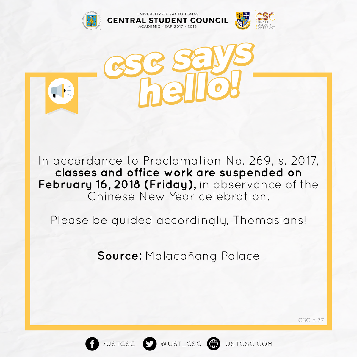 ust_csc's tweet photo. #CSCSaysHello
Re: Special Non-Working Holiday

Please be guided accordingly, Thomasians!
Source: Malacañang Palace 
#OneCSC https://t.co/VTSa674bla