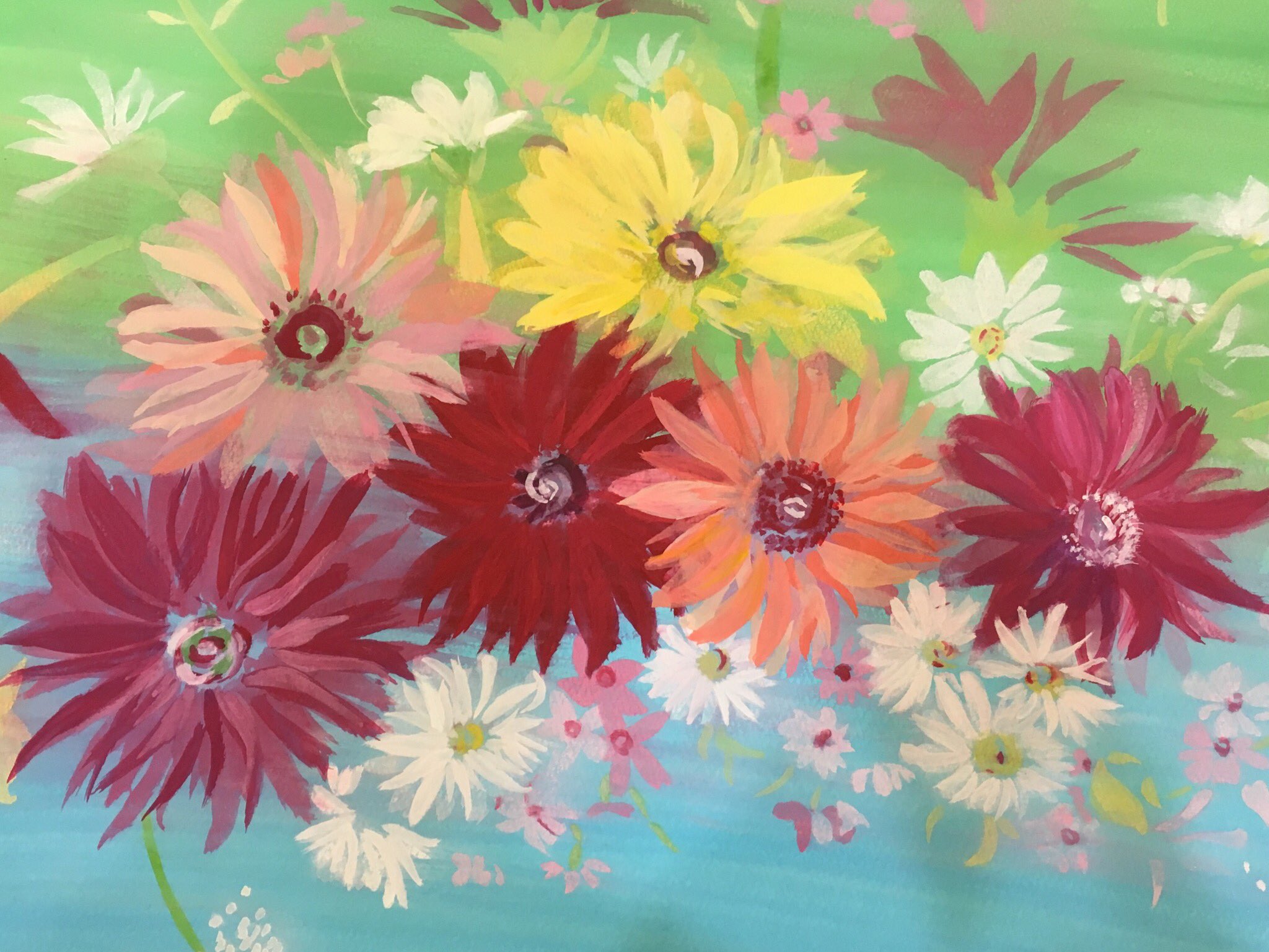 ひよこ 水彩 水彩画 花 ガーベラ アクリルガッシュ ポスターカラー パステル ぼかし