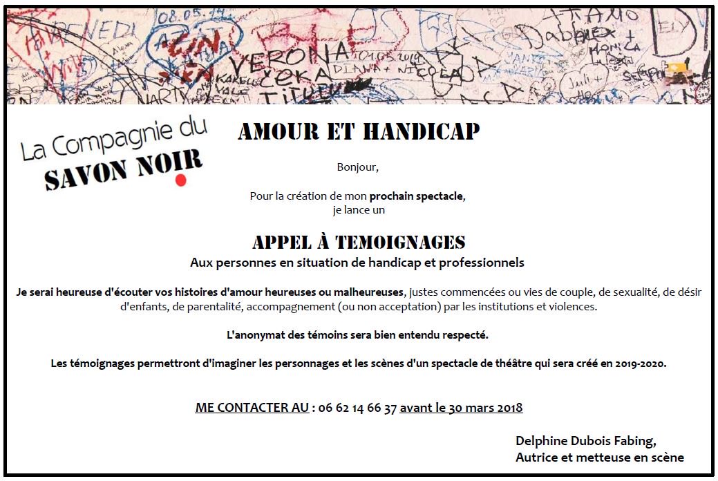 CieduSavonNoir's tweet photo. #Appelatemoignage #handicap #histoires d'#amour heureuses ou malheureuses #theatre https://t.co/QSquOaTrby