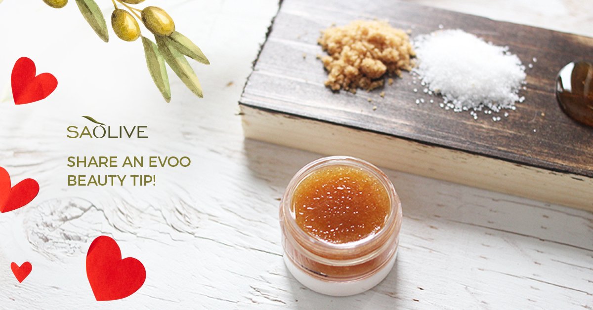 Combine course sugar with a tsp of #EVOO &amp; voila! The perfect Valentine’s dry-lip fix. 😉 What are your #EVOO beauty tips? #LoveYourBody