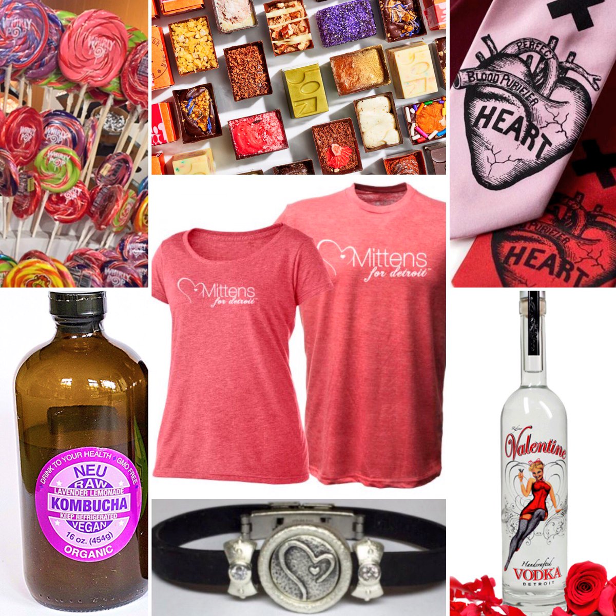 iconicaArt's tweet photo. Our Valentine’s picks...#1 Give and support a great cause: buy a tee or cool locally made bracelet, find out more @Mittens4Detroit , #2 @cyberoptix tie/scarf,  #3 Neu Kombucha, #4 Valentine Vodka, #5 CANDY! @rocky_peanut &amp; @BonBonBonChoc #Detroit #ferndale #ValentinesDay #love https://t.co/9DExTQuw4v