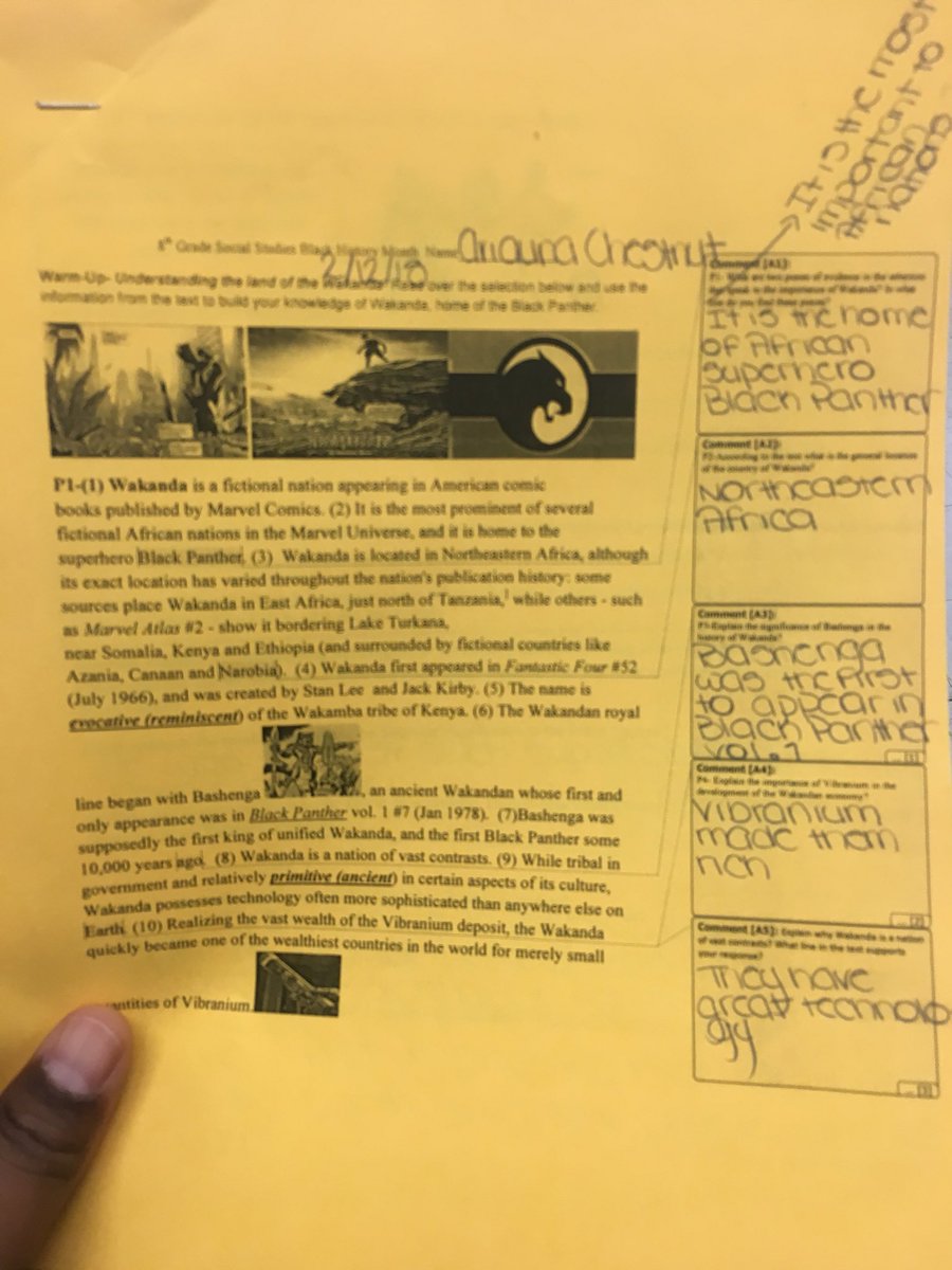 baba_olumiji's tweet photo. This morning in #SocialStudies Class 804 is learning about the #BlackPanther by reading a comic and responding to #textdependent questions #engagedlearning #creative #BlackHistoryMonth #informationaltext @BlackPastOnline @BLACKPANTHERMOV https://t.co/lKp4ET6k5m