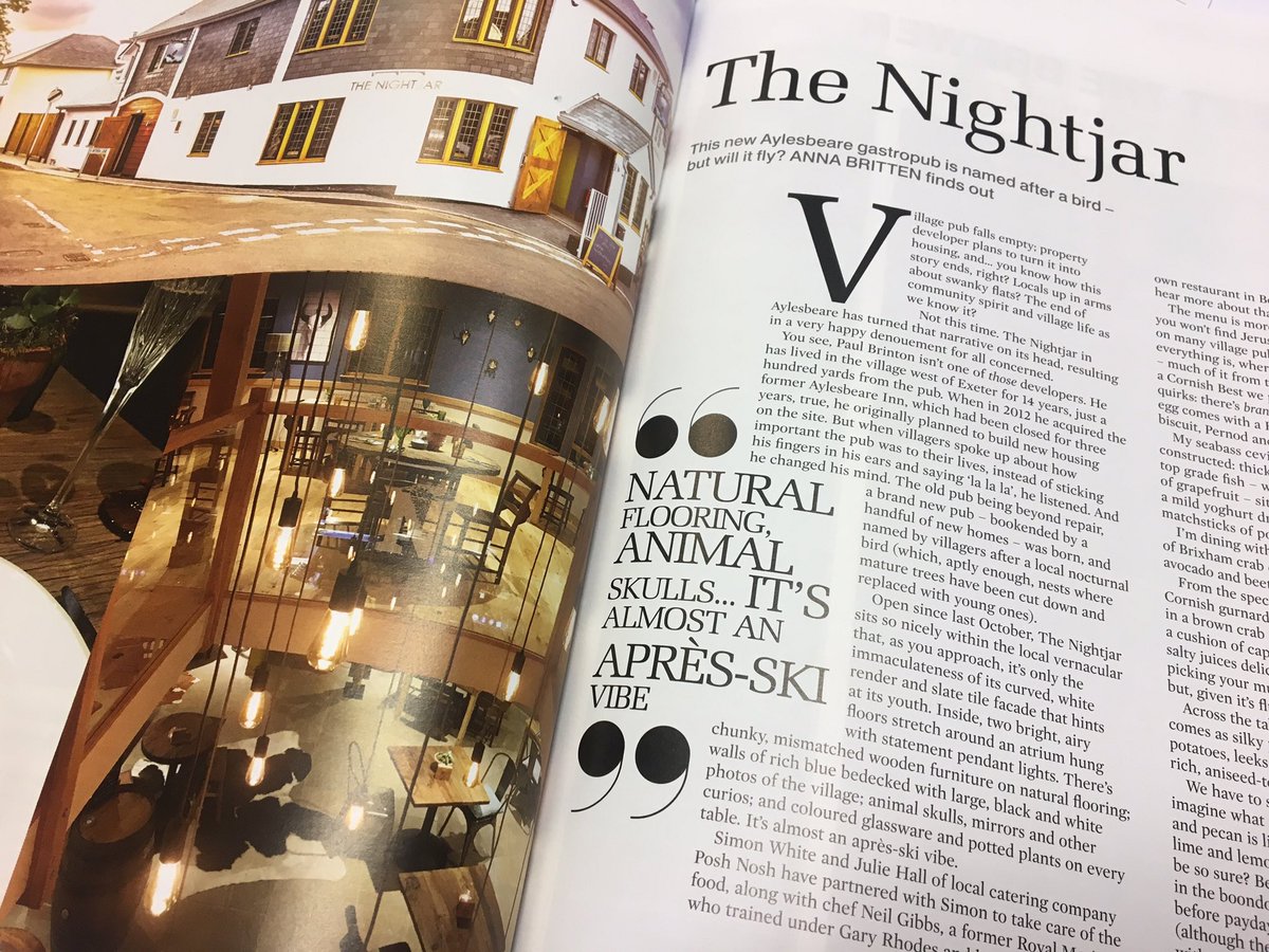 WBWFoodies's tweet photo. On our list of foodie places to try! Lovely review on @NightJarInn in @ExeterLiving magazine this month. Who has visited? #foodies #newspot #nightjar 🍴🍷 https://t.co/KrSRfVueUM
