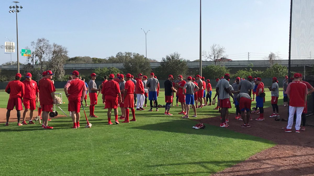 Phillies's tweet photo. This isn’t an “official” workout day, BUT LOOK BASEBALL IS BACK! ⚾️ https://t.co/8RvaeZaMQu