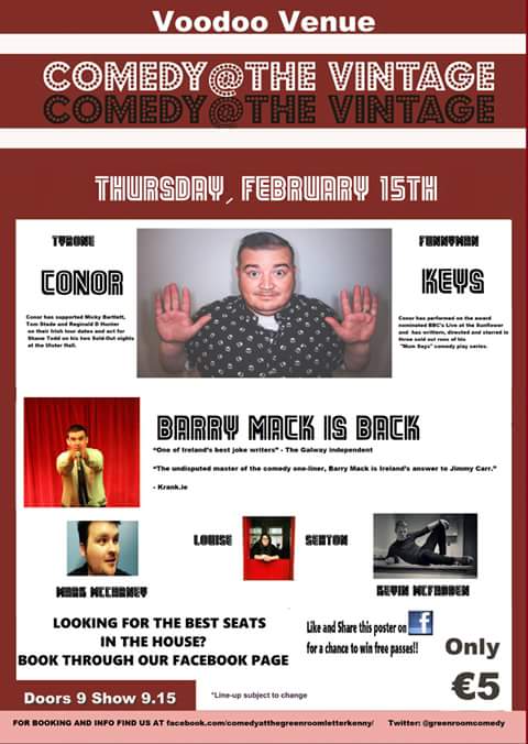 GREENROOMLAUGHS's tweet photo. Come along on Thursday night for a line up jam packed with laughs
#Donegal @barrymackcomedy @pauric_g @conorkeysomagh https://t.co/Xn9BSF9Cvq