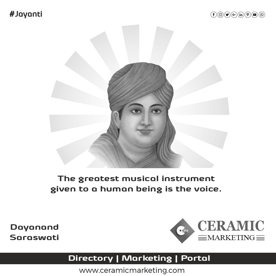 smohub_in's tweet photo. The greatest musical instrument given to a human being is the voice. – Dayananda Saraswati
#12thFebruary #SwamiDayanand #DayanandSarswati #DayanandJayanti #Morbi #Tankara #Wishes #ceramicmarketing #ceramicdirectory #ceramictiles #tiles #tilesmanufacturing https://t.co/S9ckOdyKx6