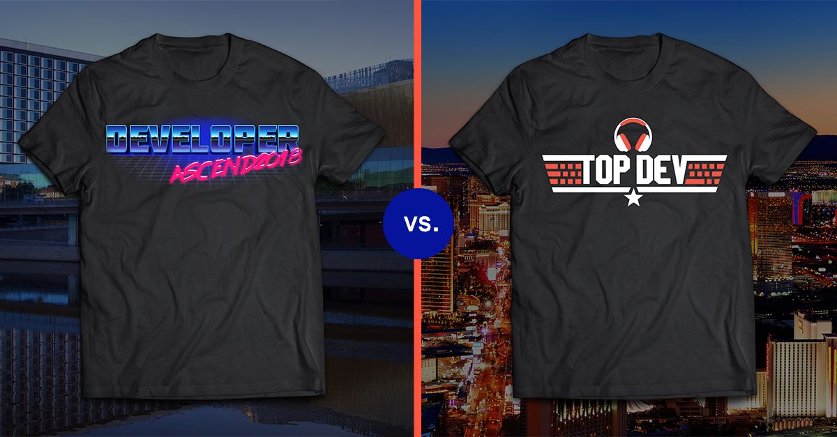 Calling all developers - Cast your votes! If you're attending our Dev track at #Ascend2018 which T-shirt do you want to receive? Retweet this image and state your choice - Top Dev or 80s Dev #epitalk