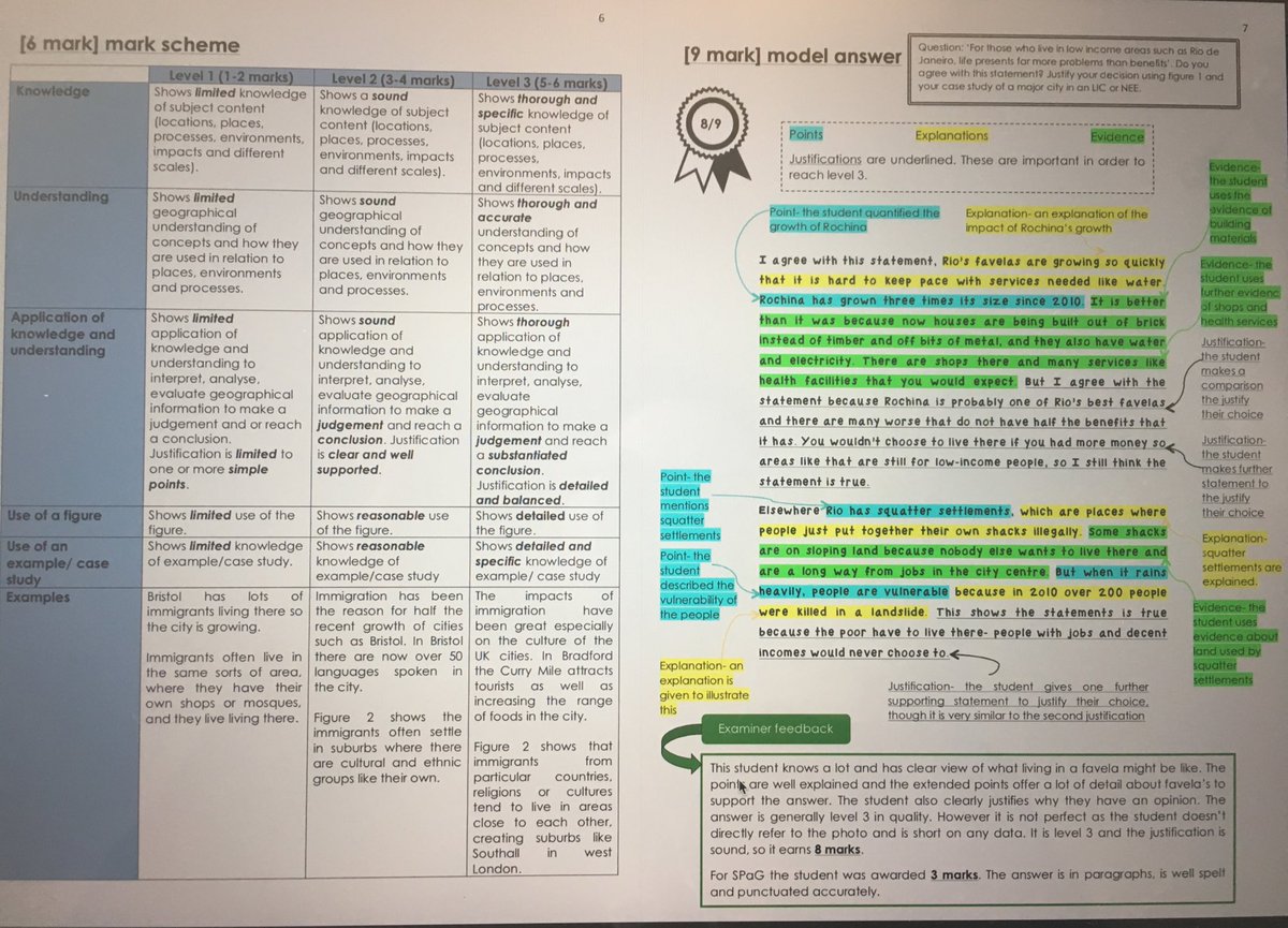 Geoisamazing's tweet image. Adapted the exam booklet by @MrsHumanities to be specifically for 6 and 9 mark Q’s with specification objectives, mark schemes and model answers #geographyteacher