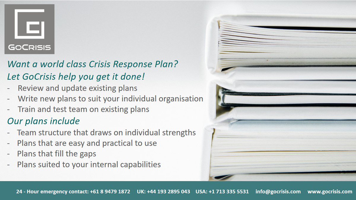 Reviewing, updating and writing crisis plans -Why not let us help you fulfil this important and ongoing task. Our team have been in the frontline, we know what is needed and what restricts a good crisis response. Get it done. Get in touch! info@gocrisis.com