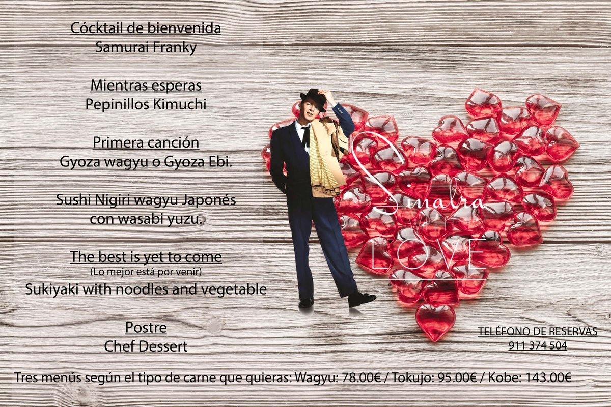 SinatraYaMadrid's tweet photo. Se acerca el 14 de febrero ¡San Valentín! Por si queréis darle una sorpresa a vuestra pareja, en Sinatra Ya os hemos preparado un menú que os va a enamorar... más.
#MyFunnyValentine #SinatraSongs #SinatraYaRules #SanValentin #SanValentin2018 https://t.co/AeWxr7cP7C