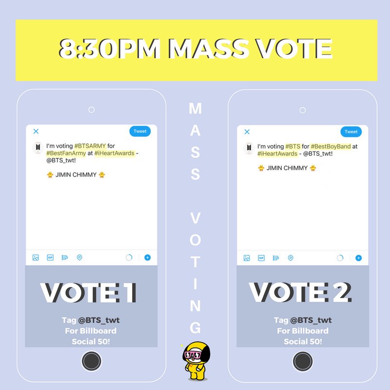 ARMY 🔔 Start using → JIMIN CHIMMY for iHeart 8:30PM Mass Vote!

Please tag <a href="/BTS_twt/">방탄소년단</a> to maintain #1 rank on Billboard Social 50 chart!

#iHeartAwards #BestFanArmy #BTSARMY